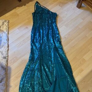 Lulu's Teal Sequin One-Shoulder Dress